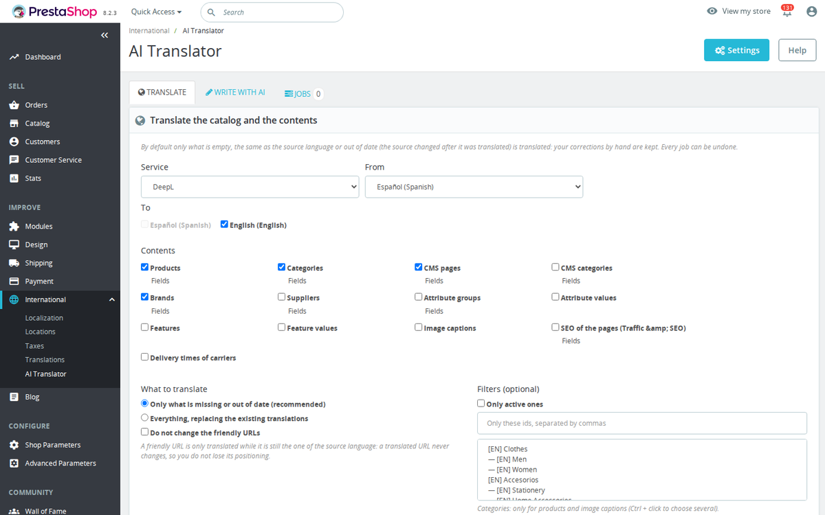 Traduction en masse du catalogue PrestaShop avec estimation du coût avant de lancer