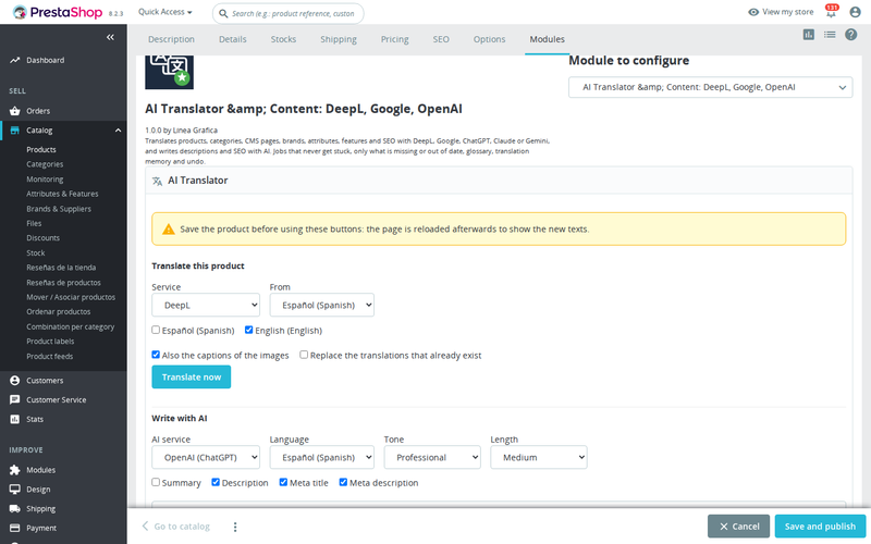 AI translator panel in the PrestaShop product page