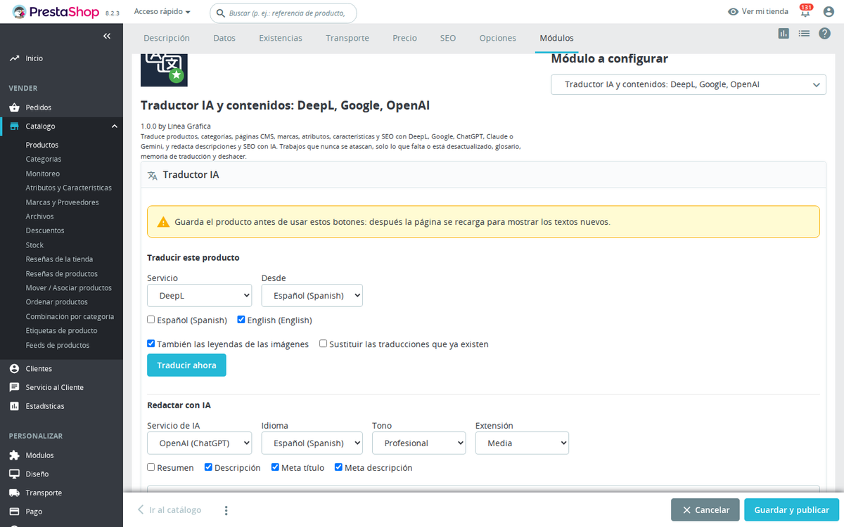 Panel del traductor IA en la ficha de producto de PrestaShop