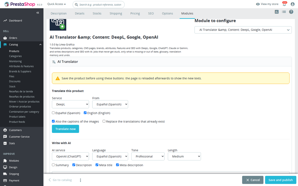 Panneau du traducteur IA dans la fiche produit PrestaShop