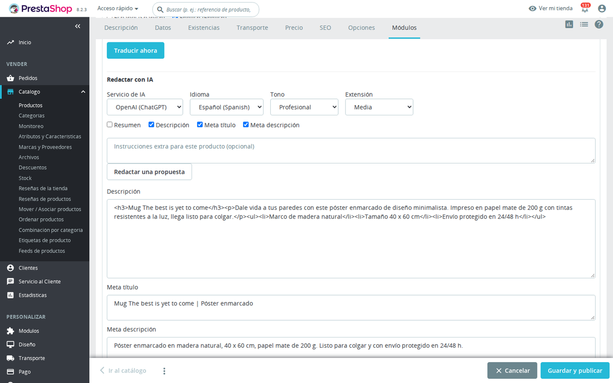 Redactor IA de descripciones y SEO de productos de PrestaShop con vista previa
