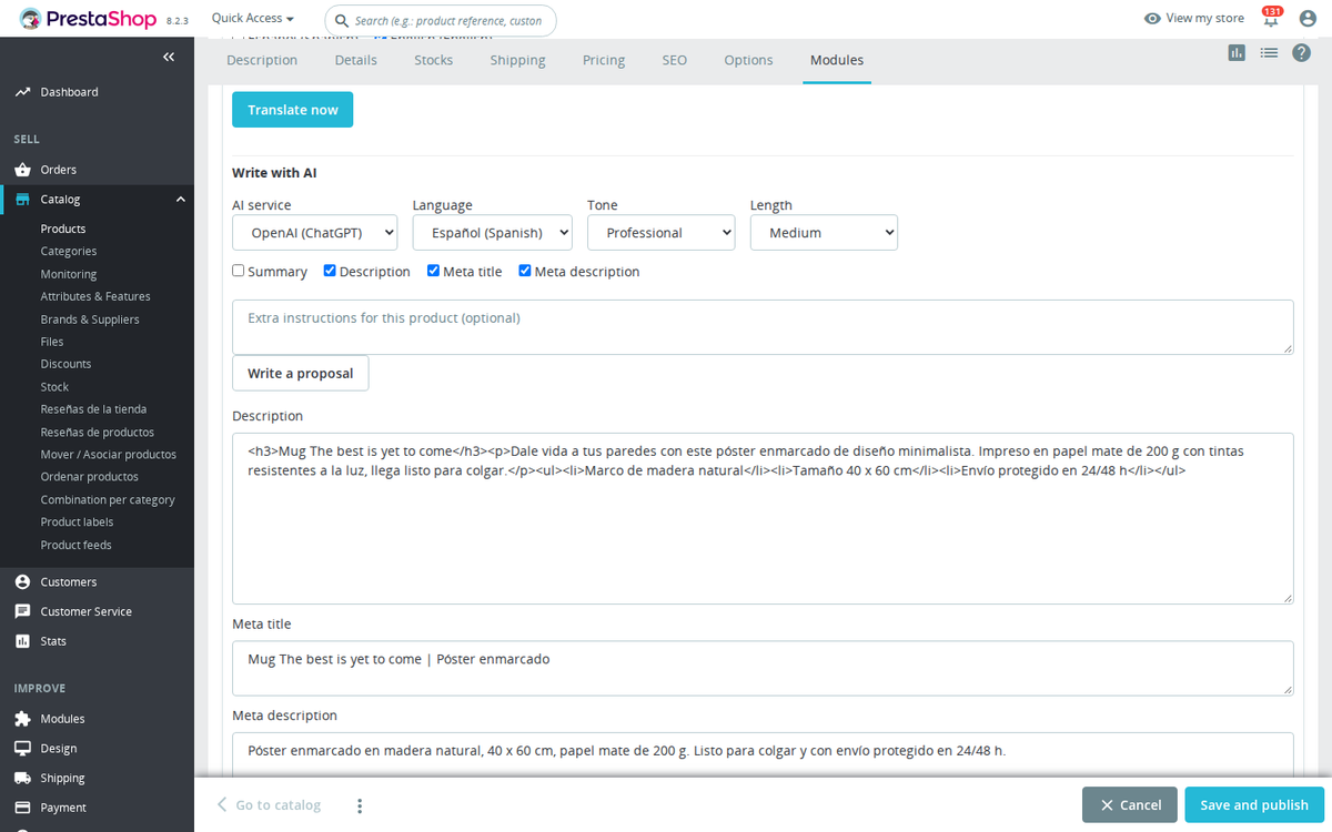 Rédacteur IA des descriptions et du SEO des produits PrestaShop avec aperçu