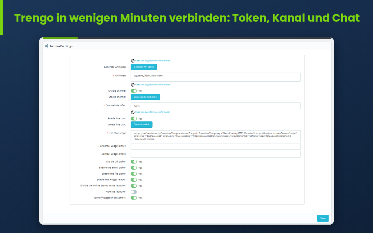 Konfiguration des Trengo-Moduls in PrestaShop mit Token, Chat-Skript und Kanal