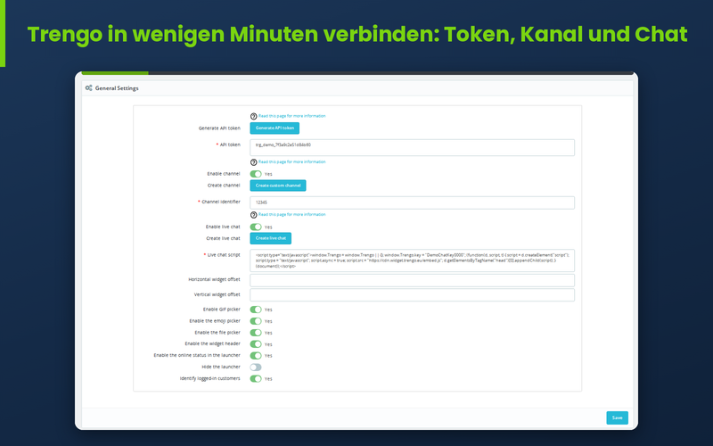 Konfiguration des Trengo-Moduls in PrestaShop mit Token, Chat-Skript und Kanal