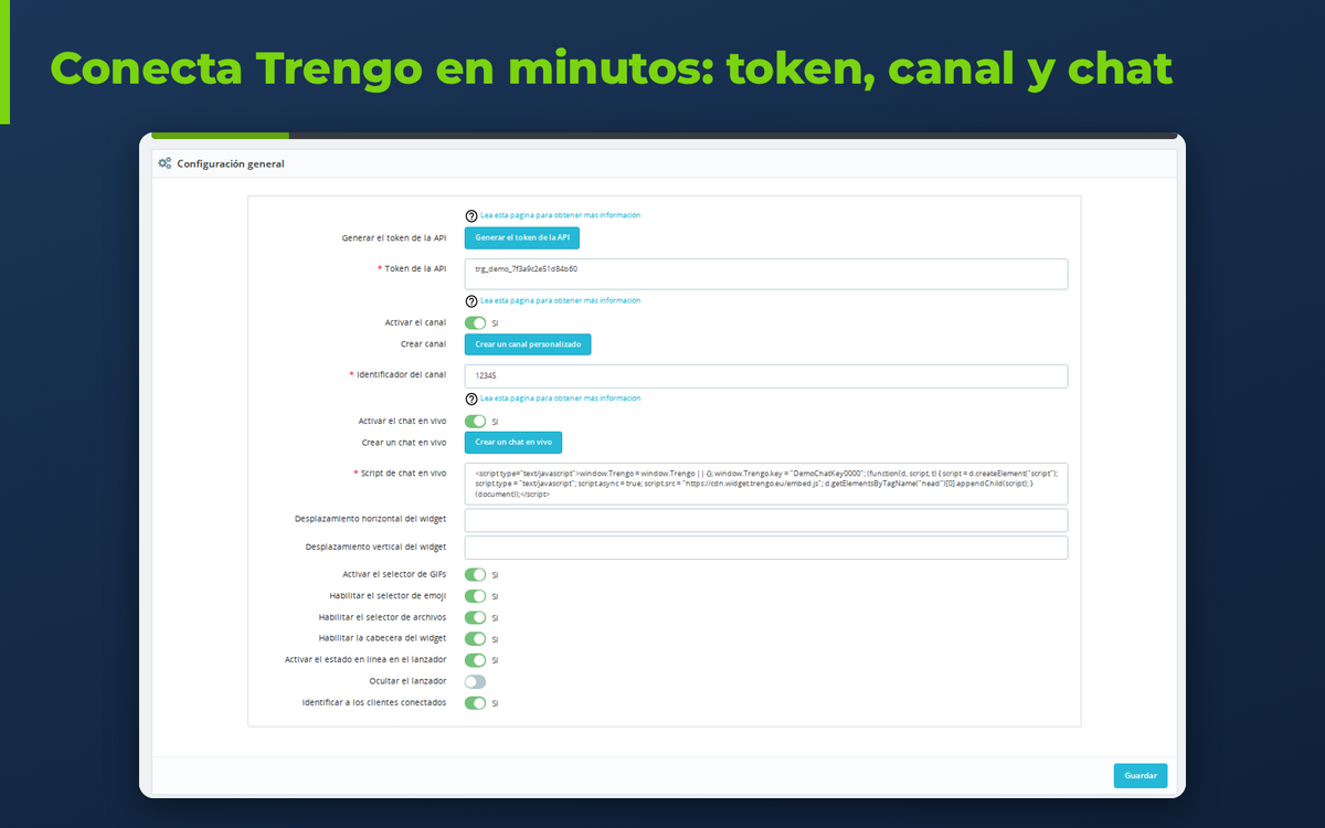 Configuración del módulo Trengo en PrestaShop con token, script del chat y canal