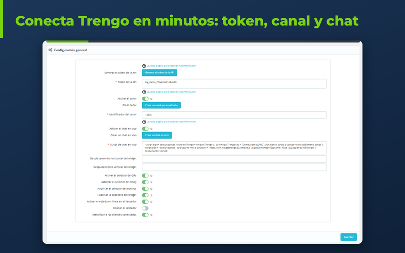 Configuración del módulo Trengo en PrestaShop con token, script del chat y canal