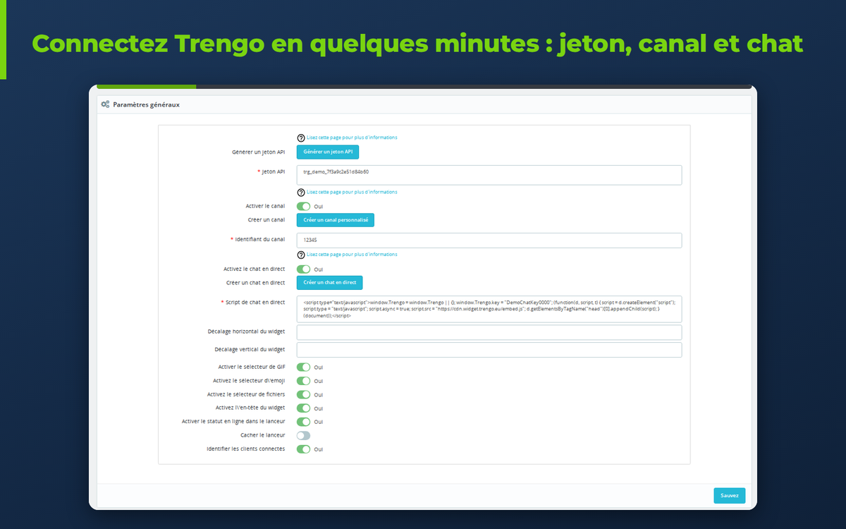 Configuration du module Trengo dans PrestaShop avec jeton, script du chat et canal