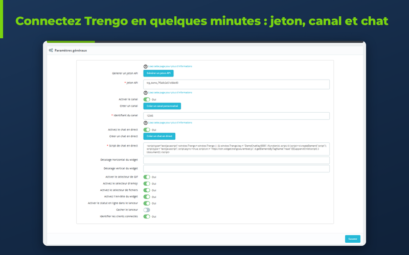 Configuration du module Trengo dans PrestaShop avec jeton, script du chat et canal