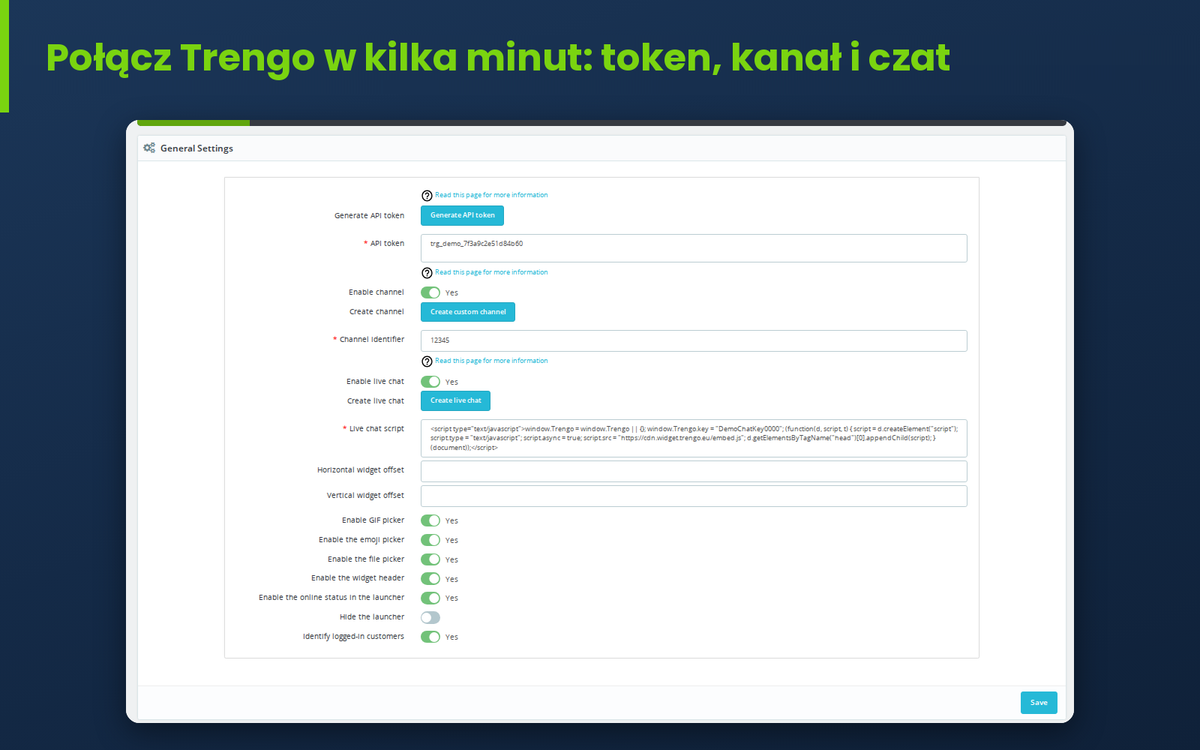 Konfiguracja modułu Trengo w PrestaShop z tokenem, skryptem czatu i kanałem