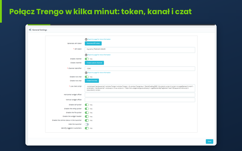 Konfiguracja modułu Trengo w PrestaShop z tokenem, skryptem czatu i kanałem