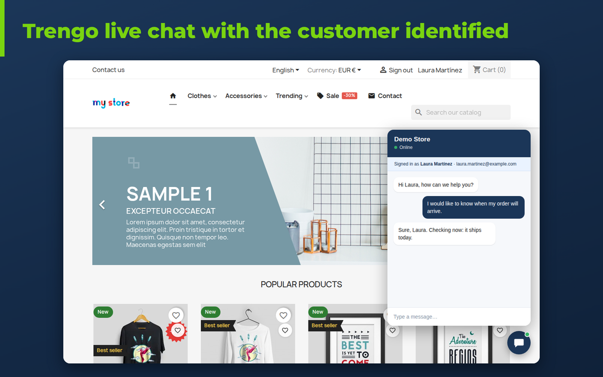 Trengo live chat in the PrestaShop store with the customer identified