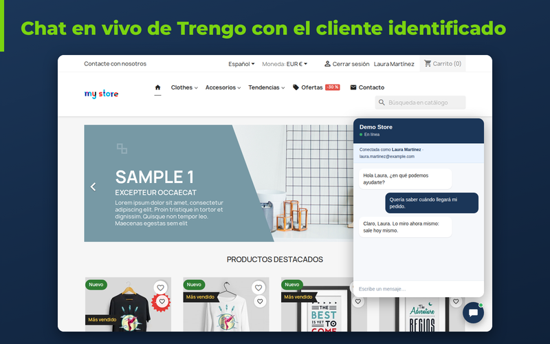 Chat en vivo de Trengo en la tienda PrestaShop con el cliente identificado