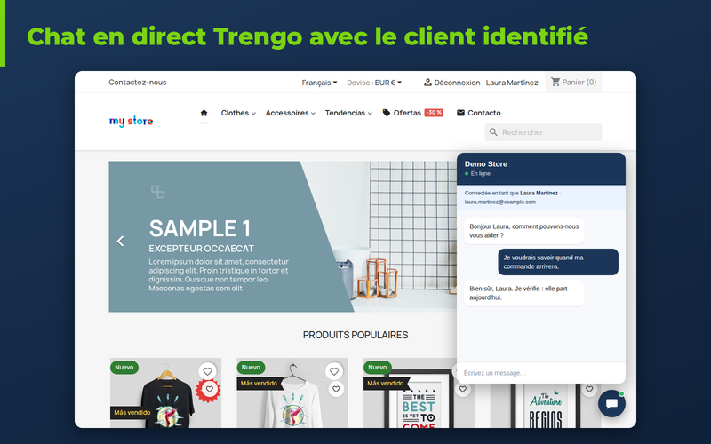 Chat en direct de Trengo dans la boutique PrestaShop avec le client identifié
