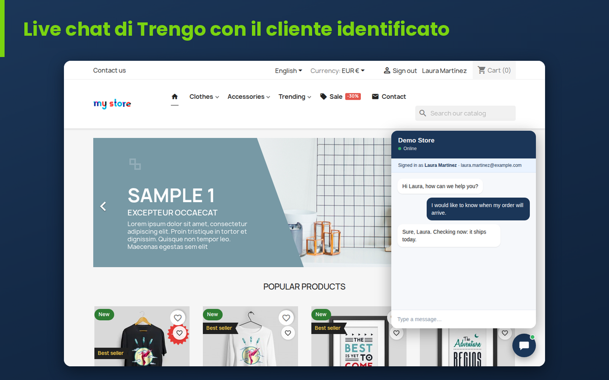 Chat dal vivo di Trengo nel negozio PrestaShop con il cliente identificato