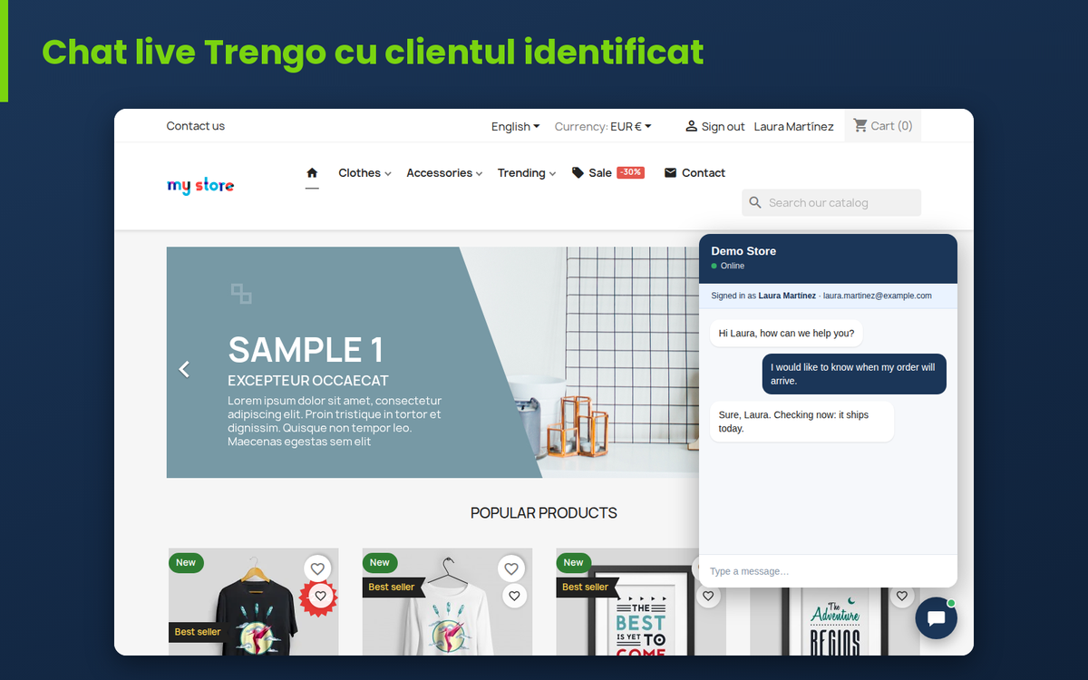 Chat live Trengo în magazinul PrestaShop cu clientul identificat
