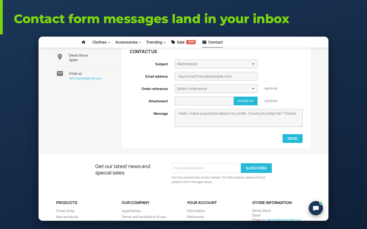 PrestaShop contact form sent to the Trengo inbox