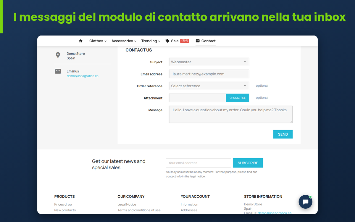 Modulo di contatto di PrestaShop inviato alla casella di Trengo