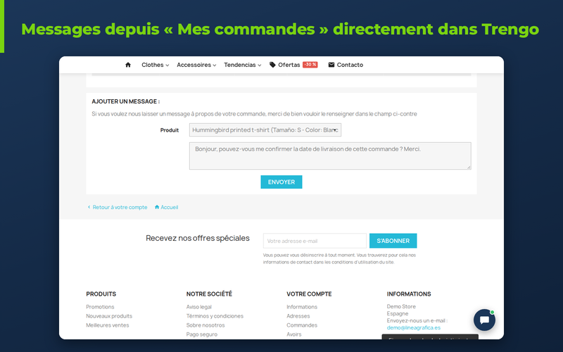 Message depuis « Mes commandes » PrestaShop envoyé à Trengo