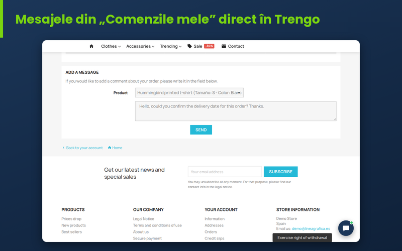 Mesaj din „Comenzile mele” din PrestaShop trimis către Trengo