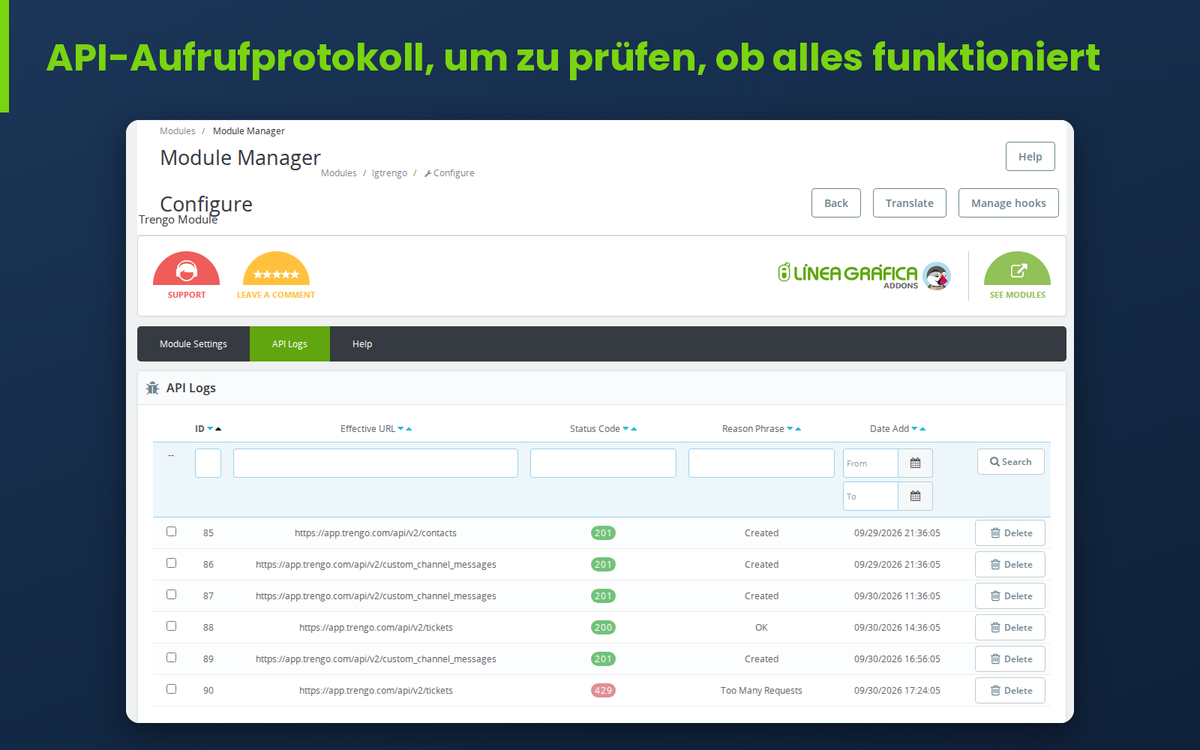Protokoll der Trengo-API-Aufrufe im PrestaShop-Backoffice