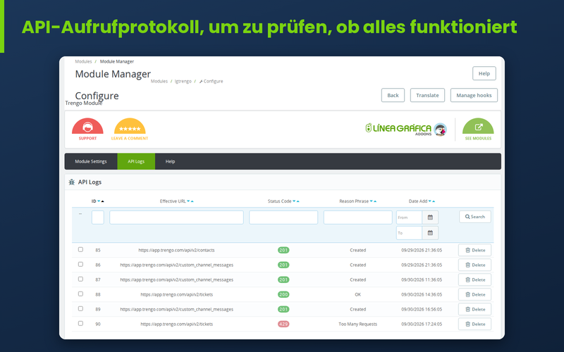 Protokoll der Trengo-API-Aufrufe im PrestaShop-Backoffice