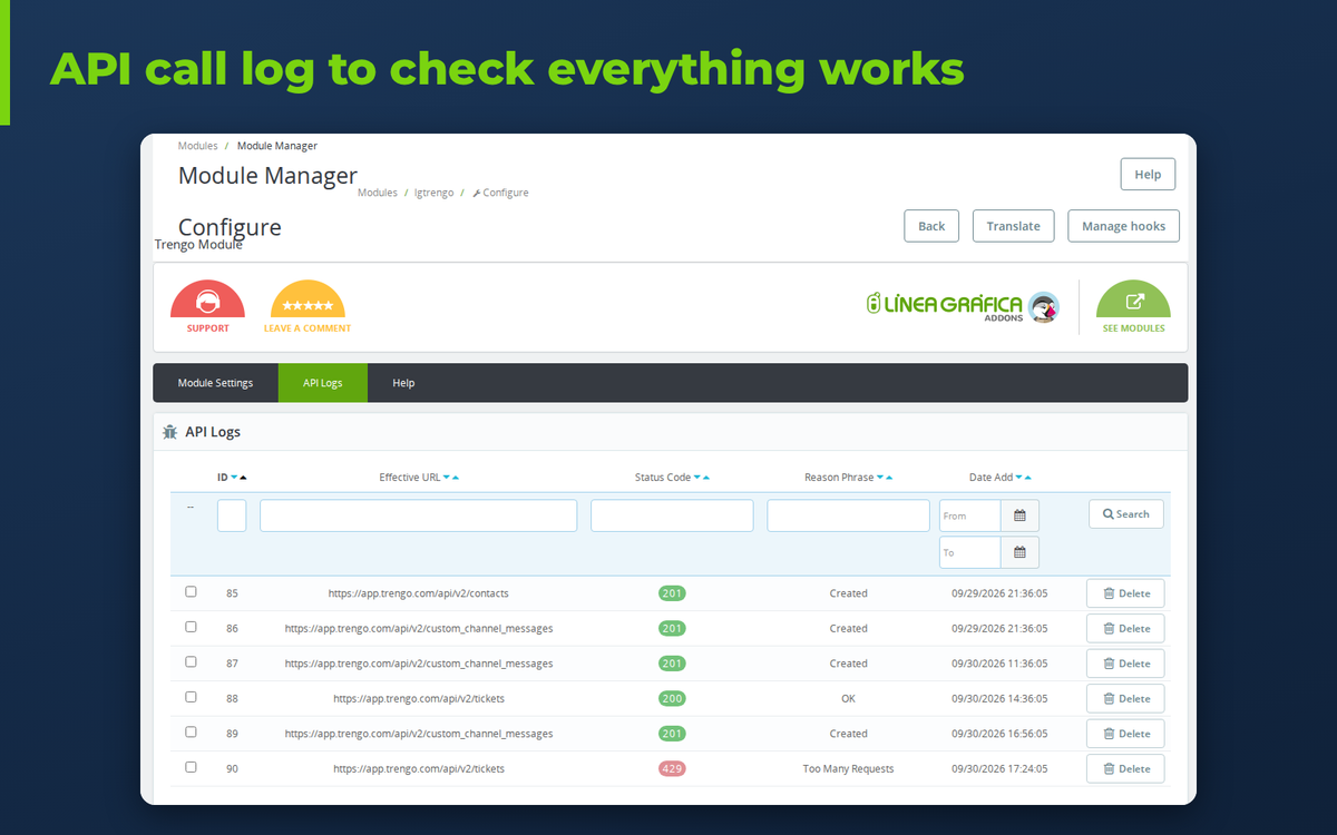 Trengo API call log in the PrestaShop back office
