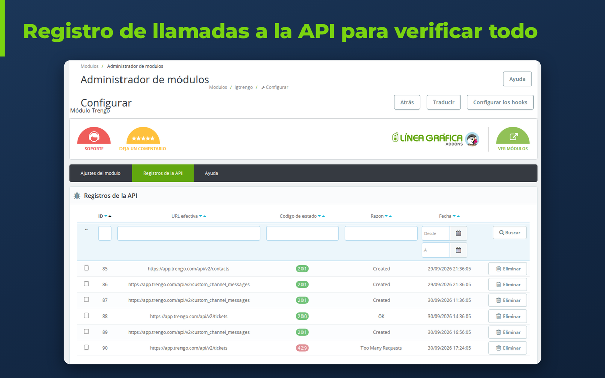 Registro de llamadas a la API de Trengo en el back office de PrestaShop