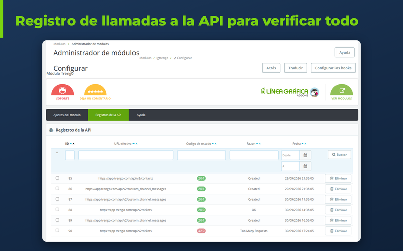 Registro de llamadas a la API de Trengo en el back office de PrestaShop
