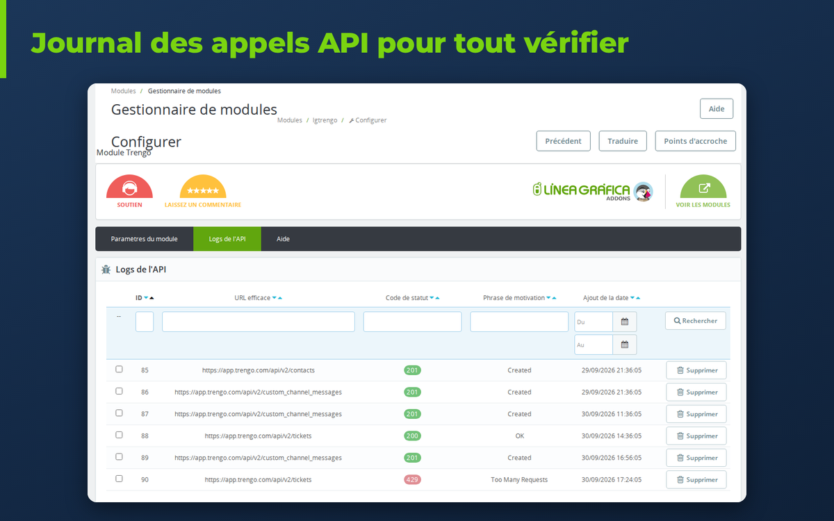 Journal des appels à l'API Trengo dans le back office PrestaShop