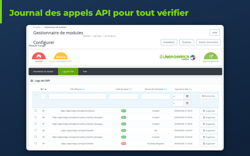 Journal des appels à l'API Trengo dans le back office PrestaShop