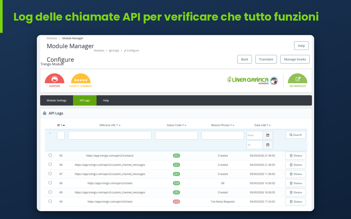 Registro delle chiamate all’API di Trengo nel back office di PrestaShop
