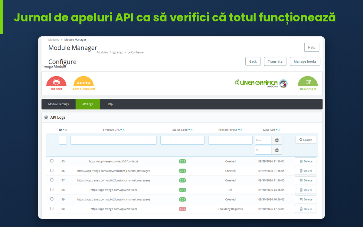 Jurnal al apelurilor către API-ul Trengo în back office-ul PrestaShop
