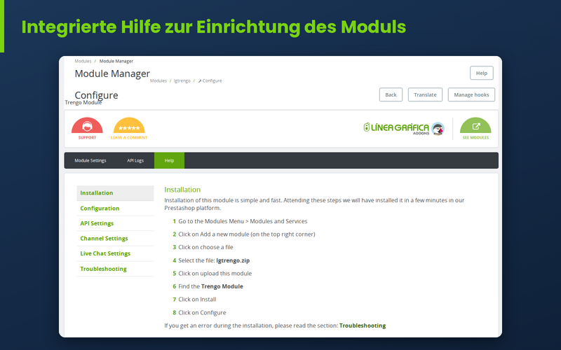 Hilfe-Tab des Trengo-Moduls für PrestaShop