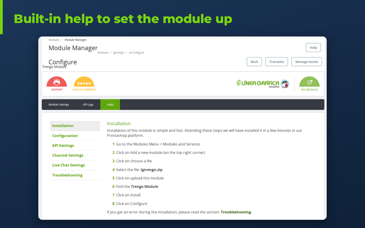 Help tab of the Trengo module for PrestaShop