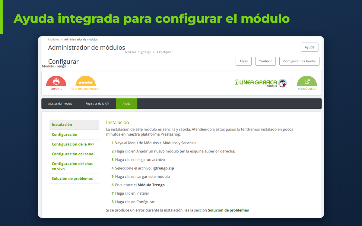 Pestaña de ayuda del módulo Trengo para PrestaShop