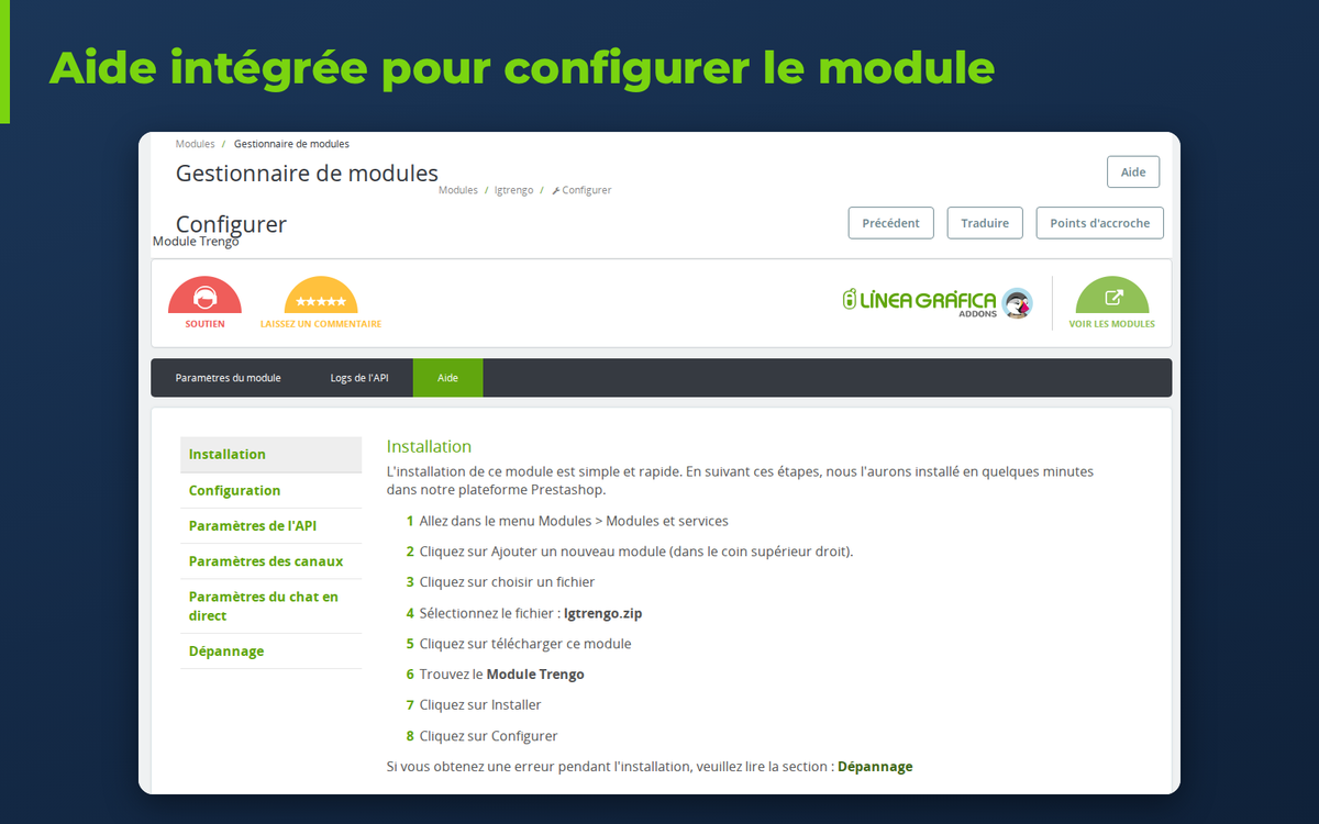 Onglet d'aide du module Trengo pour PrestaShop