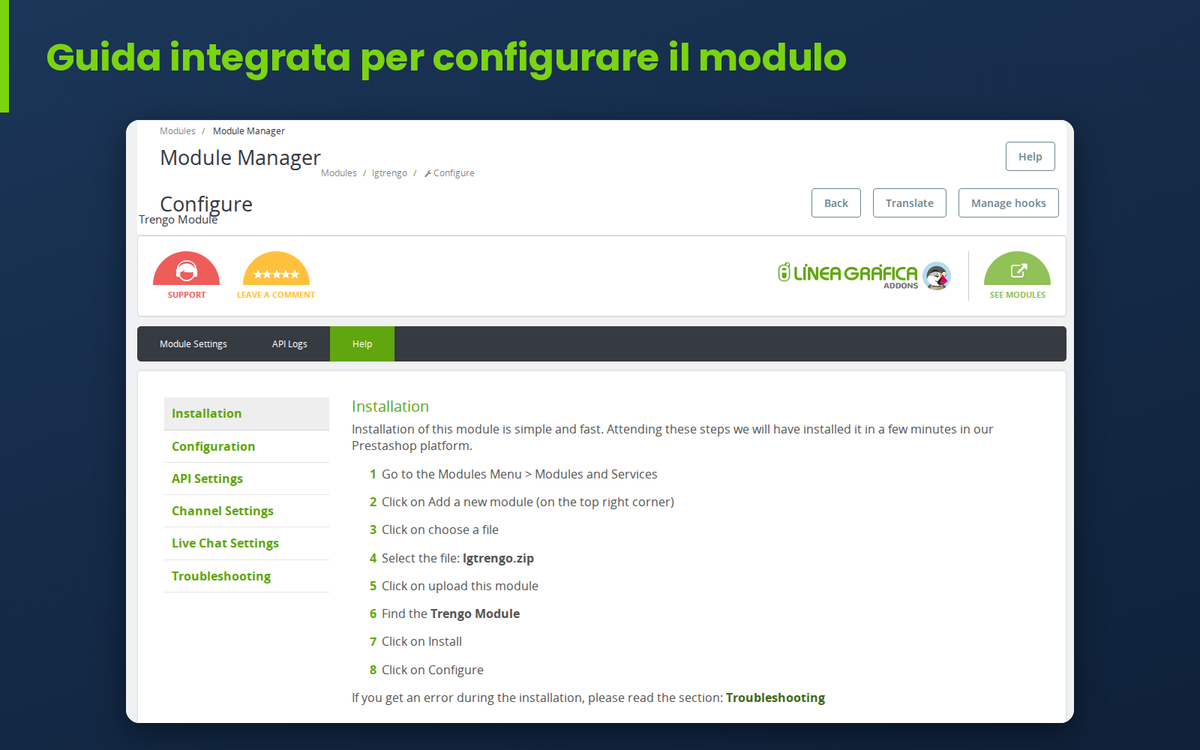 Scheda di aiuto del modulo Trengo per PrestaShop