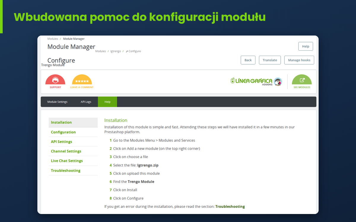 Zakładka pomocy modułu Trengo dla PrestaShop