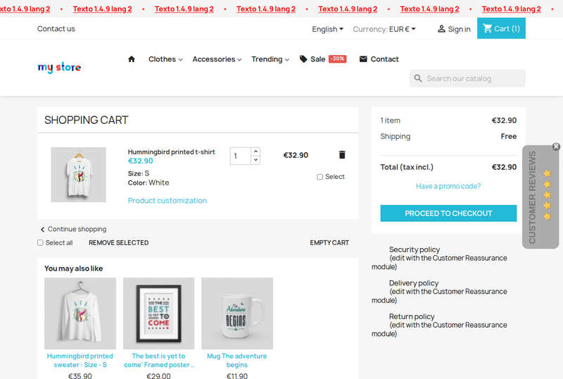 PrestaShop cart with the options and their price