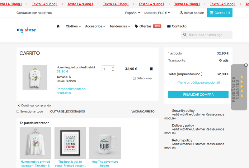 Carrito de PrestaShop con las opciones y su precio