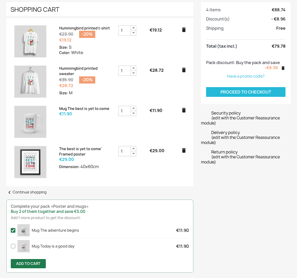 PrestaShop cart with bundle discount and reminder to complete the bundle