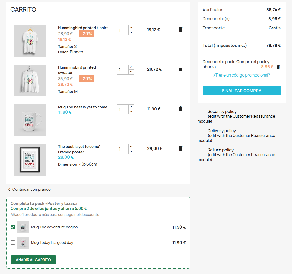Carrito de PrestaShop con descuento de pack y aviso para completar el pack