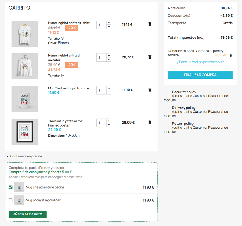 Carrito de PrestaShop con descuento de pack y aviso para completar el pack