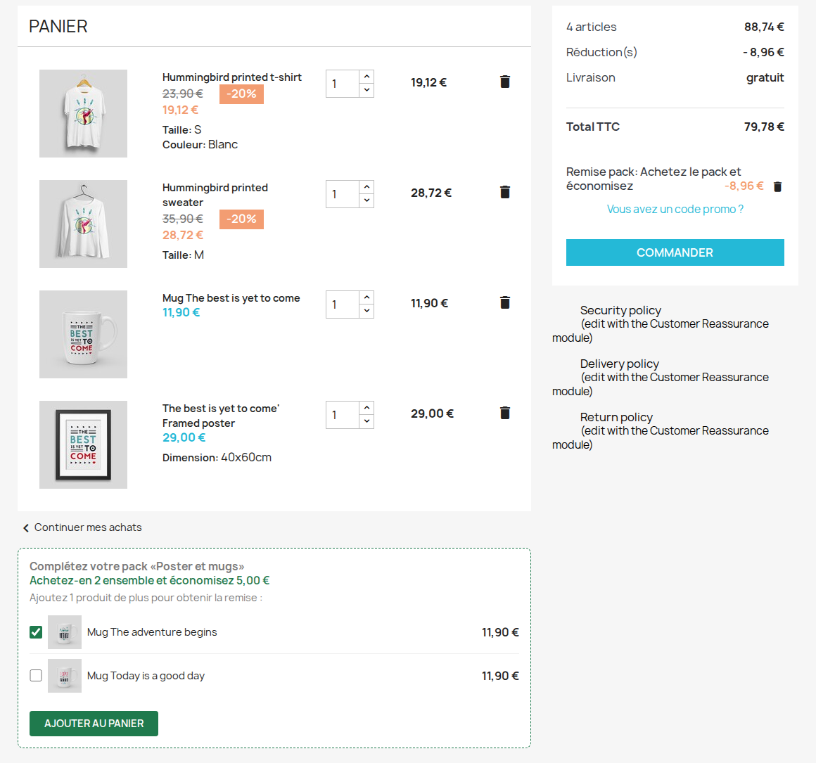 Panier PrestaShop avec remise pack et rappel pour compléter le pack