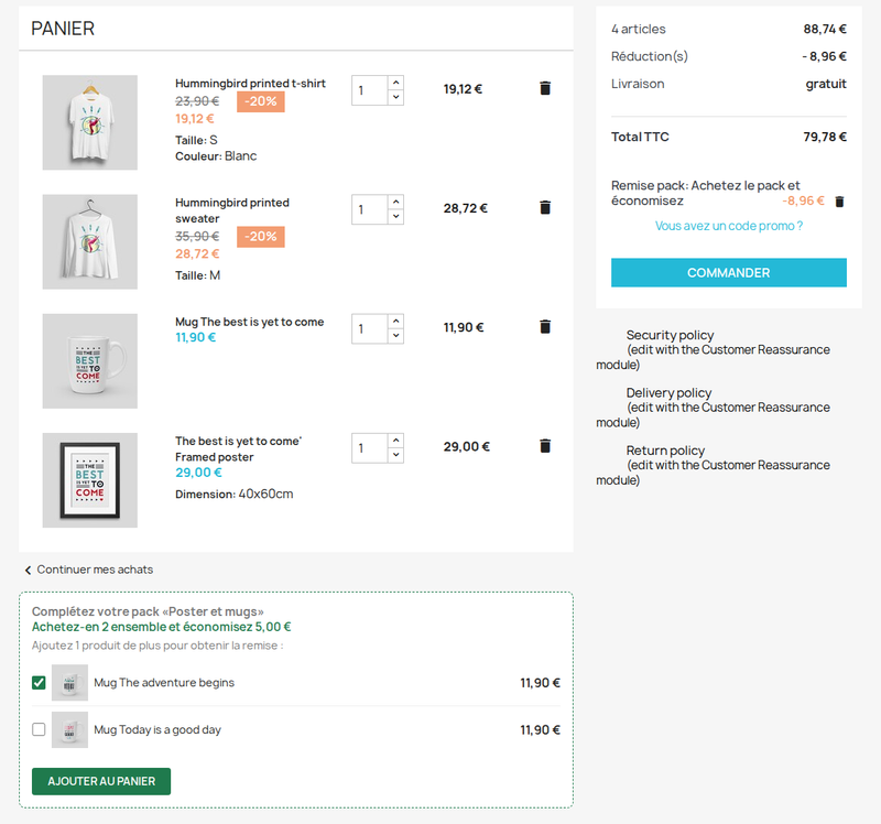 Panier PrestaShop avec remise pack et rappel pour compléter le pack