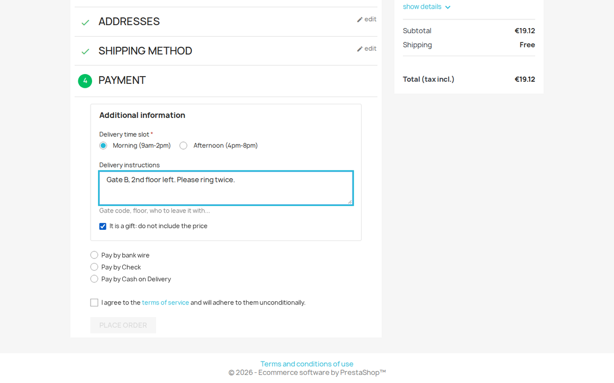 Order fields at the payment step of the PrestaShop checkout