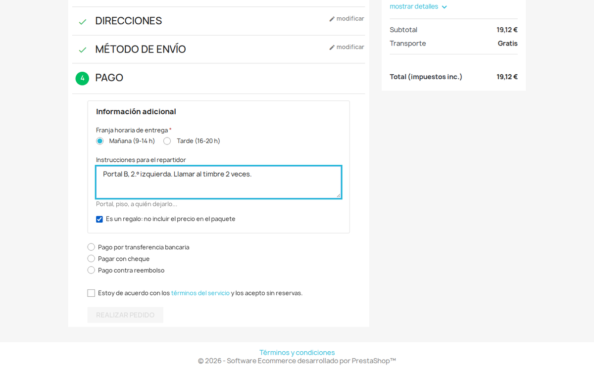 Campos de pedido en el paso de pago del checkout de PrestaShop