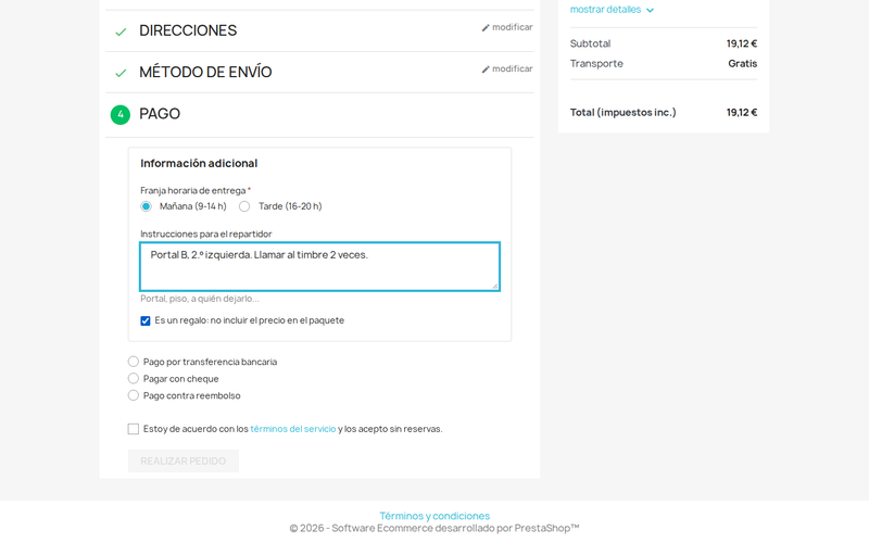 Campos de pedido en el paso de pago del checkout de PrestaShop