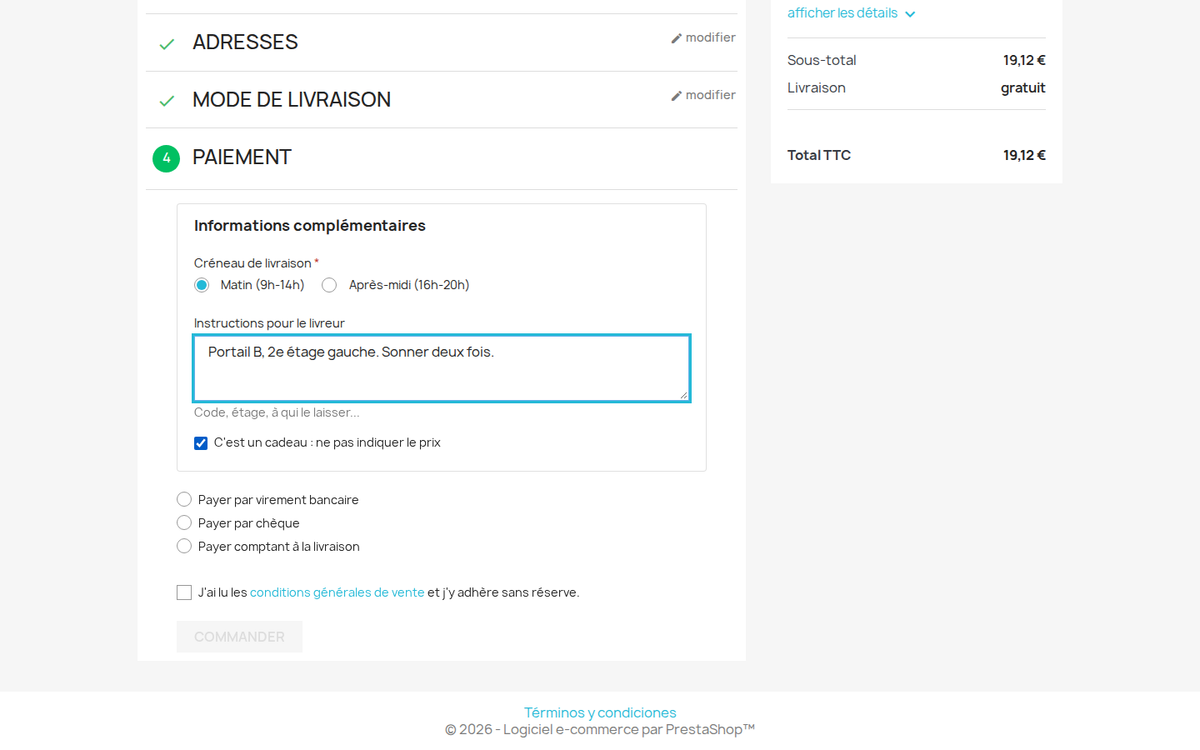 Champs de commande à l’étape de paiement du tunnel PrestaShop