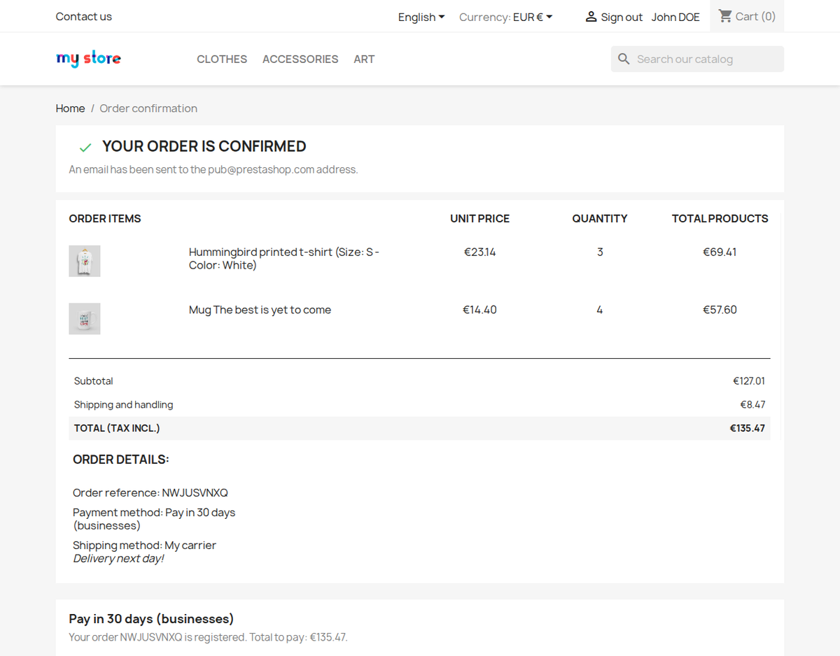 Payment instructions with the order details on the PrestaShop confirmation page
